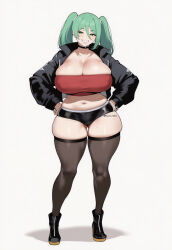 1girls ai_generated arms_crossed artist_request ass belly_button big_ass big_breasts blush breasts bubble_ass bubble_butt commission curvy_figure fate_(series) female female_only genshin_impact hitomi_twins hourglass_figure huge_breasts imminent_sex latex_clothing latex_shorts latex_thighhighs leather_jacket light-skinned_female light_skin long_hair looking_at_viewer looking_back milf oc original original_character pale-skinned_female pale_skin pink_eyes revealing_clothes short_shorts shorts solo suggestive_look teal_hair thick_thighs thighhighs voluptuous_female wide_hips