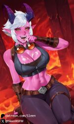 1girls after_fellatio after_oral after_orgasm ai_generated big_breasts breasts busty cleavage clothed clothed_female clothing crop_top cum cum_on_breasts cum_on_face cum_on_hand curvy demon demon_girl demon_horns demon_vi eye_contact female female_only hell horns league_of_legends looking_at_viewer mature_female open_mouth pink_skin self_upload sleen smile smiling smiling_at_viewer solo solo_female vi vi_(league_of_legends)