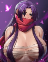 1girls artist_name artist_signature blue_eyes butterfly cleavage convenient_censoring huge_breasts kyopink long_hair marvel marvel_rivals ninja psylocke psylocke_(sai) purple_hair scarf sweat wraps