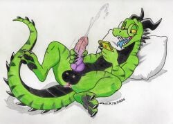 2026 3_toes 4_fingers anthro anus balls bedroom_eyes big_penis black_balls blue_tongue bodily_fluids cellphone claws colored colored_pencil_(artwork) cum cumshot curved_horn dragon ejaculation electronics emanata eyewear feet finger_claws fingers forked_tongue genital_fluids genitals glans glasses green_body green_scales hand_on_penis hi_res horn knot knotted_penis looking_at_object looking_at_phone looking_pleasured lying male male_anthro masturbation motion_lines mythological_creature mythological_scalie mythology narrowed_eyes on_back open_mouth pawpads paws penile penile_masturbation penis phone pillow pink_anus round_glasses scales scalie seductive shaded sharp_teeth signature soles solo spiked_tail spikes spikes_(anatomy) spines tail teeth toe_claws toes tongue tongue_out traditional_media_(artwork) yellow_eyes zaeryn