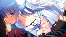 1boy 1girls artificial_vagina ayashiro_kagari blue_eyes clothing cum ejaculation female frills game_cg half_updo handjob handjob_w/sex_toy light-skinned_female light-skinned_male light_skin long_hair nanaka_mai penis ribbon silver_hair whispering