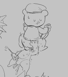 anthro balls bear beret bodily_fluids clothing cuddles_(htf) cum cumshot dapong duo ear_pull ejaculation flippy_(htf) genital_fluids genitals happy_tree_friends hat headgear headwear lagomorph leporid male male/male mammal masturbation monochrome penis penis_mouth pwslz rabbit sex sweat