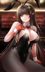 1girls big_breasts black_bunny_ears black_bunnysuit breasts brown_eyes brown_hair brown_pantyhose bunny_ears bunnysuit exposed_breasts female heart honkai:_star_rail honkai_(series) hoyoverse large_breasts legs lingsha_(honkai:_star_rail) long_hair mature_female mihoyo pantyhose rika_ryne variant_set very_long_hair