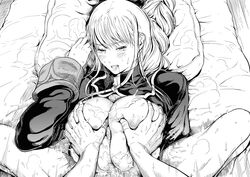 agrias_oaks blush breasts censored cum cum_on_body cum_on_breasts female final_fantasy final_fantasy_tactics final_fantasy_tactics_(original) human kurofudo large_breasts male monochrome paizuri penis straight