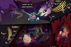 absurd_res american_opossum anthro attack attack_pose barefoot blonde_hair blood blood_on_face blood_on_leg blue_body blue_skin blue_tail bodily_fluids bottomwear brown_hair carmine_mcscarra circe_(pankallisti) clothing comic countershading dialogue dominant dominant_male english_text facial_piercing feet female forced forest fur green_body grey_body grey_fur group hair head_hit hi_res leg_bite leg_grab lizard loincloth male mammal markings marsupial melee_weapon murid murine nose_piercing on_top_of_another panel_skew piercing pink_body pink_skin pink_tail plant poncho prosthetic prosthetic_arm prosthetic_limb rat red_markings reptile rivocie_(rawrzky) rodent scalie slashing speech_bubble sword tail text tree trio waschbar weapon wounded yellow_eyes