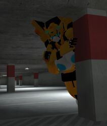 big_breasts blue_eyes flashing flashing_breasts metal_cardbot parking_lot peeking peeking_around_corner tachi_(metal_cardbot) tachy_(metal_cardbot) thick_thighs vrchat vrchat_avatar yellow_body