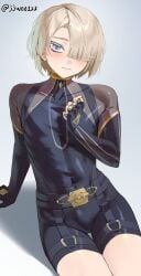 1boy arm_support arm_up artist_name asymmetrical_bangs blonde_hair blue_eyes blush bulge commentary expressionless femboy fingerless_gloves freminet_(genshin_impact) g1_(artist) g1_(jjw00123) genshin_impact gloves gradient_background grey_background hair_over_one_eye highres jjw00123 jjw1029 long_sleeves male male_focus male_only paid_reward_available short_hair simple_background sitting thighs twitter_username upper_body white_background