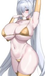 1girls arm_up armpits bare_shoulders bikini blush breasts choker cinderella_(nikke) detached_sleeves goddess_of_victory:_nikke gold_bikini gold_choker gold_thighhighs hair_over_one_eye highleg_bikini huge_breasts long_hair looking_at_viewer minji_(jimin10804) navel red_eyes simple_background skindentation thick_thighs twintails very_long_hair white_background white_hair