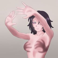 5_fingers amanda_gaddis annoyed black_hair boobs breasts dark_hair eyebags eyeliner featureless_breasts female fingers green_eyes hands hands_casting_shadow hands_up identity_v light_skin long_hair no_nipples one_eye_closed shadow shadow_bra small_hands solo stretching stretching_arms thin_eyes toukahemo twitter_trend upper_body