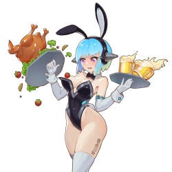 1girls accidental_exposure android android_girl android_mk.99_(guardian_tales) blue_hair bowtie breasts bunny_ears bunny_tail bunnysuit collar elbow_gloves female guardian_tales headphones headset highres joker.z light_blue_hair mk.99_(guardian_tales) one_breast_out purple_eyes robot robot_girl short_hair stockings tagme tattoo tattoo_on_legs thighhighs waitress wardrobe_malfunction white_background white_gloves white_stockings wide_hips worried_expression