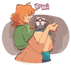 1boy 1girls absurd_res alex_(minecraft) breasts breasts_out female female_focus green_eyes hi_res large_breasts light-skinned_female light_skin looking_at_viewer male minecraft partially_clothed partially_clothed_female saucymojo