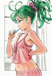 1girls accurate_art_style ai_generated alternate_costume arm_behind_back bare_arms bathroom belly_button breasts brushing brushing_teeth camisole clothing curtains female female_focus female_only from_side hair_ornament hair_scrunchie high_ponytail high_resolution highres holding holding_object indoors light-skinned_female light_skin line_art looking_away looking_forward manga_style midriff mirror murata_yuusuke_(style) navel official_style one-punch_man pajamas perky_breasts petite pink_pajamas pink_scrunchie profile scrunchie side_view sink sleepwear slender_body slim_waist small_breasts solo solo_focus standing tatsumaki tied_hair toothbrush upper_body