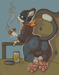 alcohol anthro atlus backsack balls beer beverage big_butt black_body blue_eyes butt cigar cigar_smoke feet foot_fetish foot_focus furniture genitals gloves_(marking) male male_only markings megami_tensei morgana_(persona) persona_(series) persona_5 sega shortstack smoke sofa solo