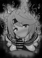 1boy 1girls :>= animal_ears big_penis black_and_white blowjob blue_archive blush breasts censored dark-skinned_male dark_skin detailed_background drooling erection eyelashes fellatio female female_focus hair_over_one_eye heart humanoid indoor inside otogi_(blue_archive) kurotama long_hair looking_at_viewer male male_pov monochrome oral oral_sex penis public room saliva shiny shiny_skin sound_effects squatting straight sweat text tongue tongue_out vein veins veiny veiny_penis