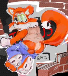 2026 3_toes anthro artist_name backsack balls blue_bottomwear blue_clothing blue_pants bottomwear brick butt canid canine clothing denim denim_bottomwear denim_clothing digital_drawing_(artwork) digital_media_(artwork) feet fox fur genitals guddlegump hi_res jeans male mammal open_mouth orange_body orange_fur pants shirt solo tank_top text titus_the_fox titus_the_fox_(character) toes topwear underwear