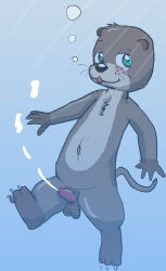 animal_genitalia animal_penis balls bodily_fluids bosky bubble cum ejaculation erection genital_fluids genitals green_eyes hi_res male mammal mustelid otter penis solo tongue tongue_out underwater water