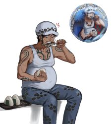 big_pecs black_hair caught chest_tattoo eating embarrassed food fully_clothed hat jeans long_sideburns looking_at_viewer male male_only male_pregnancy nipple_bulge one_piece pecs pectoral_cleavage pregnancy_cravings pregnant redraw reference_image reference_inset sideburns sitting solo splunkydunk sweatdrop tan-skinned_male tan_skin tattoo tattoos trafalgar_law