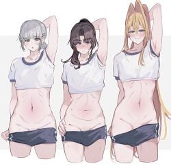 imamiya_pinoko 3boys 3femboys femboy male male_only trap otoko_no_ko original_characters armpits armpit_fetish height_difference silver_hair brown_hair blonde_hair slender_body athletic_male gym_uniform school_gym_uniform school_uniform crop_top dolphin_shorts navel penis_peek shaved_crotch smug embarrassed visible_ribs bulge pulling_down_pants showing_off revealing looking_at_viewer wide_hips
