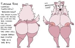 anthro big_breast breasts brown_fur character_sheet collar dog_girl english_text fangs female furenna_rose furry furry_female furu_flami gigantic_ass hair heterochromia hips_wider_than_shoulders huge_ass huge_breasts huge_hips huge_thighs incest_(lore) milf naked posing smiling solo standing_sex white_background wide_hips
