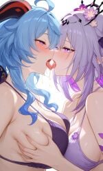 2girls ai_generated at bangs bare bikini blue blush body braid breast breasts bun castorice_(honkai:_star_rail) collarbone cone contact double earrings eye eyes french ganyu_(genshin_impact) genshin_impact girls goat grab grabbing hair half-closed honkai:_star_rail horns jewelry kiss large long looking mouth open ornament out press purple saliva shoulders sweat swimsuit symmetrical tongue trail twintails upper yuri