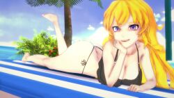 1girls 3d arm_support ass barefoot beach big_ass big_breasts blonde_hair busty fat_ass feet female female_only hand_on_face hi_res large_breasts legs logang45 long_hair looking_at_viewer lying lying_on_stomach ocean on_stomach open_mouth purple_eyes rwby see-through sensual sexy sexy_pose sideboob smile solo tank_top teeth the_pose thighs thong_bikini tongue voluptuous water yang_xiao_long yellow_bikini