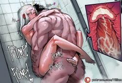 tillian ai_generated justice_(helltaker) helltaker helltaker_(character) 1girl 1boy hetero sex penis shower_place completely_nude cum nude tile_wall breasts white_hair vaginal internal_cumshot suspended_congress long_hair cum_in_pussy tiles crosssection uterus