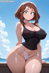 1girl 1girls ai_generated boku_no_hero_academia boobs breasts brown_eyes brown_hair brunette brunette_female brunette_hair cameltoe female female_focus girl lips makeup medium_breasts my_hero_academia ochako_uraraka panties short_hair stable_diffusion tagme tank_top tits uncensored wardens watermark