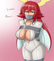 roythelucario jack-o'_valentine guilty_gear guilty_gear_strive red_hair long_hair green_eyes large_breasts bodysuit dressed halo 2_tone_hair white_hair large_ass wide_hips thick_thighs wide_thighs hourglass_figure staring staring_at_viewer looking_at_viewer bondage bound bound_wrists bound_arms bound_legs tape tape_bondage arms_behind_back arms_tied tied_up arms_tied_behind_back text dialogue inner_sideboob cleavage taped_legs 1girls girls_only muffled muffled_speech gag gagged tape_gag taped_mouth gagged_speech gagged_female