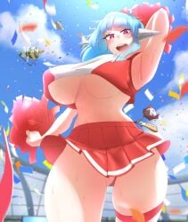 1girls android android_girl big_breasts blue_hair boobs breasts cheerleader cheerleader_outfit cheerleader_uniform confetti guardian_tales heavenhold_android_(guardian_tales) huge_boobs huge_breasts lettuce13_(artist) loraine_(guardian_tales) magenta_eyes pink_eyes robot sweat sweatdrop sweating white_skin