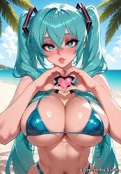 1girl 2026 ai_generated alternate_breast_size anime aqua_eyes aqua_hair bangs bare_shoulders beach bikini blue_bikini blue_sky blush boobs breasts cleavage cloud covered_nipples crossed_bangs crossover day eye_contact female female_focus flushed hair_between_eyes hatsune_miku heart heart-shaped_pupils heart_hands highres huge_breasts large_breasts lips long_hair looking_at_viewer micro_bikini midriff navel nsfw ocean outdoors palm_tree parted_lips patreon pigtails rognezart shiny shiny_hair shiny_skin skindentation sky solo swimsuit symbol-shaped_pupils tree twintails upper_body very_long_hair vocaloid wet