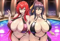 2girls ai_generated akeno_himejima bikini black_hair blush breasts duo facing_forward facing_viewer female female_only hair_ribbon heart-shaped_pupils high_school_dxd huge_breasts imminent_sex light-skinned_female multiple_girls pool red_hair rias_gremory swimsuit take_your_pick tounge_out