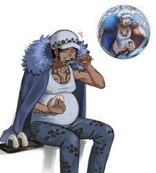 splunkydunk male male_only solo looking_at_viewer eating pregnant pregnancy_cravings food male_pregnancy sitting embarrassed caught fully_clothed nipple_bulge big_pecs pectoral_cleavage pecs chest_tattoo tattoo tattoos jeans redraw reference_image reference_inset hat tan_skin tan-skinned_male sideburns black_hair jacket long_sideburns sweatdrop trafalgar_law one_piece jacket_on_shoulders fur_collar