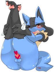 1boy 3_toes anthro anthro_only anus ass balls barefoot black_fur blue_fur blush canine censored claws cute_fang ehime_mikan fur grabbing heart heart_censor hearts heels holding jackal legs_up looking_down lucario male male_only nintendo open_mouth pawpads paws penis plain_background pokemon pokemon_(species) presenting presenting_hindquarters red_eyes soles solo spikes tan_fur teeth testicles toe_claws toes tongue video_games white_background