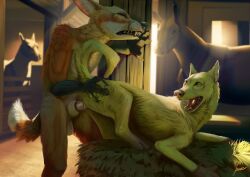 absurd_res anthro canid canine canis duo equid equine female feral fokker_(artist) fox hi_res horse male male/female mammal stable wolf