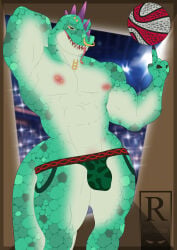 abs absurd_res ball basketball_(ball) bulge clothed clothing facial_piercing goat_(movie) green_body green_scales hi_res jockstrap jockstrap_only komodo_dragon landixartwork lizard male modo_olachenko monitor_lizard muscular muscular_male neck_piercing nipple_piercing nipples nose_piercing piercing pink_nipples reptile scales scalie smile solo standing tail tongue tongue_out tongue_piercing topless underwear underwear_only white_body white_scales