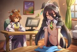 2girls agnes_tachyon_(umamusume) ai_generated animal_ears black_hair blush brown_hair choker detailed_background horse_ears horse_girl humiliation hypnosis hypnotized labcoat long_hair maid maid_uniform manhattan_cafe_(umamusume) mind_control naticai nipples nude open_mouth petplay revealing_clothes reverse_outfit short_hair slave small_breasts umamusume umamusume_pretty_derby yellow_eyes