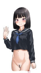 1girl \||/ arm_at_side artist_name black_hair black_sailor_collar black_serafuku blue_neckerchief blunt_bangs blunt_ends blush bob_cut bottomless breasts closed_mouth commentary cropped_legs curled_fingers embarrassed exhibitionism female_pubic_hair hallway highres hip_bones light_smile loose_hair_strand motion_lines navel neckerchief nervous nervous_sweating original pubic_hair public_indecency purple_eyes pussy pussy_juice ringed_eyes ryuuzou sailor_collar school_uniform serafuku signature simple_background small_breasts speech_bubble spoken_character standing sweat waving white_background