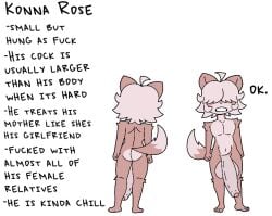 conna_rose furry bangs_over_eyes white_hair fluffy_tail smaller_male small_but_hung huge_cock fangs fluffy_ears brown_fur character_sheet oc messy_hair white_background english_text furu_flami