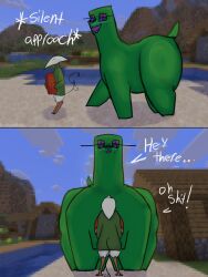 2026 anthro blush blush_lines brown_body clothed clothing creeper_(minecraft) digital_media_(artwork) english_text female green_body hi_res male microsoft minecraft miteling mojang multicolored_body rockpankake roi_(rockpankake) screencap screencap_background size_difference standing tail tail_motion tailwag text two_tone_body white_body xbox_game_studios