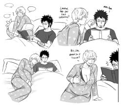 1boy 1girls bra bra_cups_sticking_out cleavage comic donquixote_rosinante english_text female genderswap_(mtf) husband_and_wife inviting inviting_to_sex male maternity_clothes monochrome on_bed one_piece pajamas pregnant rule_63 short_hair smile splunkydunk tattoo tattoos teasing_viewer trafalgar_law very_short_hair