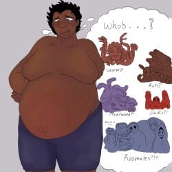 1boy amputee archiespider dark-skinned_male heavily_pregnant lactating lactation large_breasts look_outside male male_only male_pregnancy male_with_breasts moobs mpreg partially_clothed pregnancy pregnant pregnant_belly pregnant_male sagging_breasts sam_(look_outside) solo stretch_marks thinking thinking_about_another thinking_of_someone_else thought thought_bubble thoughts