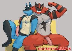 annoyed anthro arm_around_shoulders balls big_penis black_body black_fur blue_body blue_fur chest_spike clothing colored duo erection feet fingers fist flaccid flexing flexing_bicep front_view fur generation_4_pokemon generation_7_pokemon genitals glans green_eyes grey_background grey_body grey_fur hat hat_only headgear headgear_only headwear headwear_only hi_res humanoid_genitalia humanoid_hands humanoid_penis incineroar jrjresq looking_aside looking_at_another lucario male male/male markings mostly_nude mostly_nude_anthro mostly_nude_male muscular muscular_anthro muscular_male nintendo nude_anthro nude_male one_eye_closed open_mouth pecs penis pinup plantigrade pokemon pokemon_(species) pose red_body red_eyes red_fur shaded side_hug simple_background sitting smile smirk smug spikes spikes_(anatomy) spread_legs spreading striped_markings stripes tan_body tan_fur text toes url yellow_sclera