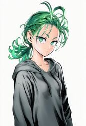 1girls :o accurate_art_style ai_generated alternate_costume alternate_hairstyle arms_at_sides breasts casual clothed clothing collarbone curly_hair drawstring eyelashes female female_focus female_only green_eyes green_hair grey_hoodie grey_sweater high_resolution highres hood hood_down hoodie light-skinned_female light_skin line_art long_sleeves looking_at_viewer low_ponytail manga_style medium_hair messy_hair murata_yuusuke_(style) neutral_expression official_style one-punch_man open_mouth perky_breasts petite ponytail portrait shiny_hair short_hair simple_background slender_body small_breasts solo solo_focus standing tatsumaki thin_eyebrows three-quarter_portrait three-quarter_view tied_hair upper_body v-shaped_eyebrows white_background