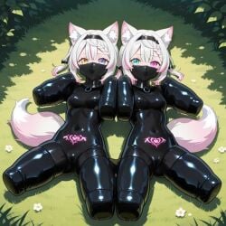 2girls ai_generated animal_ears animal_tail arms_folded benmccannon_(artist) bitchsuit fluffy_ears fluffy_tail folded_arms folded_legs grass hairband heterochromia latex latex_clothing laying_on_back legs_folded mask_gag otn_gag over_the_nose_gag park posture_collar siblings sisters slave slave_crest slave_girl stable_diffusion twins white_hair.