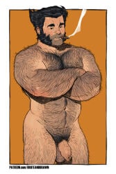 1boy arm_hair bara beard_stubble belly biceps black_hair brute_and_brawn chest_hair cigar completely_nude covered_testicles crossed_arms english_commentary facial_hair flaccid foreskin highres leg_hair looking_at_viewer male_focus male_only male_pubic_hair marvel muscular muscular_male mustache_stubble navel nude open_mouth patreon_username pectorals penis plump pubic_hair sideburns smoke smoking stubble very_hairy wolverine_(x-men) x-men