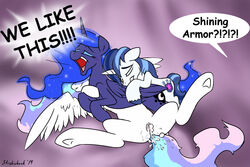 2014 alicorn blue_hair cum cum_in_pussy cum_inside cutie_mark english_text equine female feral friendship_is_magic fur group group_sex hair horn larger_female long_hair male mammal multicolored_hair my_little_pony open_mouth orgasm penetration princess_celestia_(mlp) princess_luna_(mlp) pussy sex shining_armor_(mlp) size_difference smaller_male straight strebiskunk text threesome tongue unicorn white_fur wings