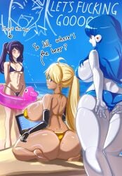 3girls alma_armas beach bikini blue_hair dark-skinned_female dark_skin female female_only girlfailure julianne_stingray kira_miki light-skinned_female light_skin long_hair swimsuit swimwear tastykuri va-11_hall-a yuri