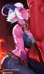 1boy 1boy1girl 1girls ai_generated big_breasts blowjob breasts busty cleavage clothed clothed_female clothed_female_nude_male clothing crop_top cum cum_drip cum_dripping cum_in_mouth cum_in_throat cum_on_breasts cumdrip curvy deepthroat deepthroat_no_hands demon demon_boy demon_girl demon_horns demon_vi faceless_male fellatio female hell horns irrumatio kneeling kneeling_female kneeling_oral_position league_of_legends male mature_female oral pink_skin self_upload sleen straight vi vi_(league_of_legends)