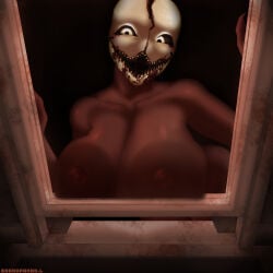 areola big_breasts blood blood_in_mouth blood_on_face blush bodily_fluids breasts bunker detailed_background digital_media_(artwork) female flirting glass grandpaman happy hi_res horror_(theme) huge_breasts humanoid looking_at_viewer mammal metal monster monster_girl_(genre) nipples nude open_mouth outside presenting presenting_breasts red_body smile smiling_at_viewer solo teeth white_eyes window