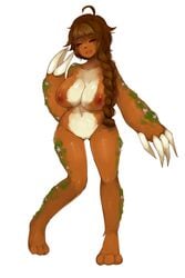 ahoge big_breasts braided_hair breasts chubby claws closed_eyes cute female flora_fauna flower hair inverted_nipples jasmin long_hair nipples plain_background plant pussy sloth smile terupancake white_background